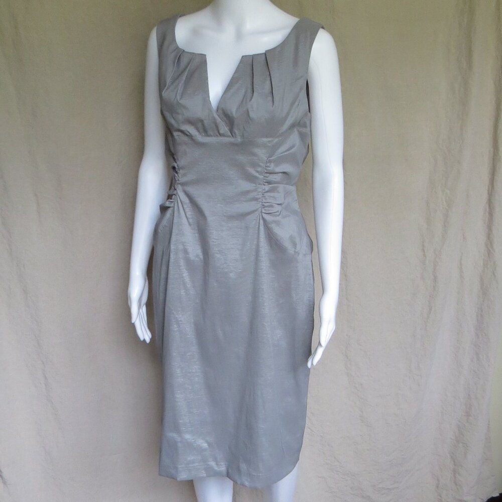 Simply Liliana Ruch Sides Pleated Neck Dress SIZE 12 Stretch, Gray Shimmer Party